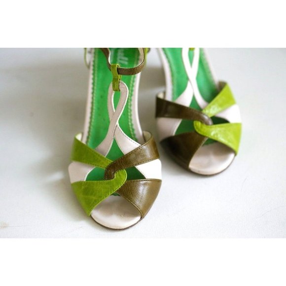 Shellys London Cute Retro Style Strappy Green White Block Heels 38 - Picture 3 of 9